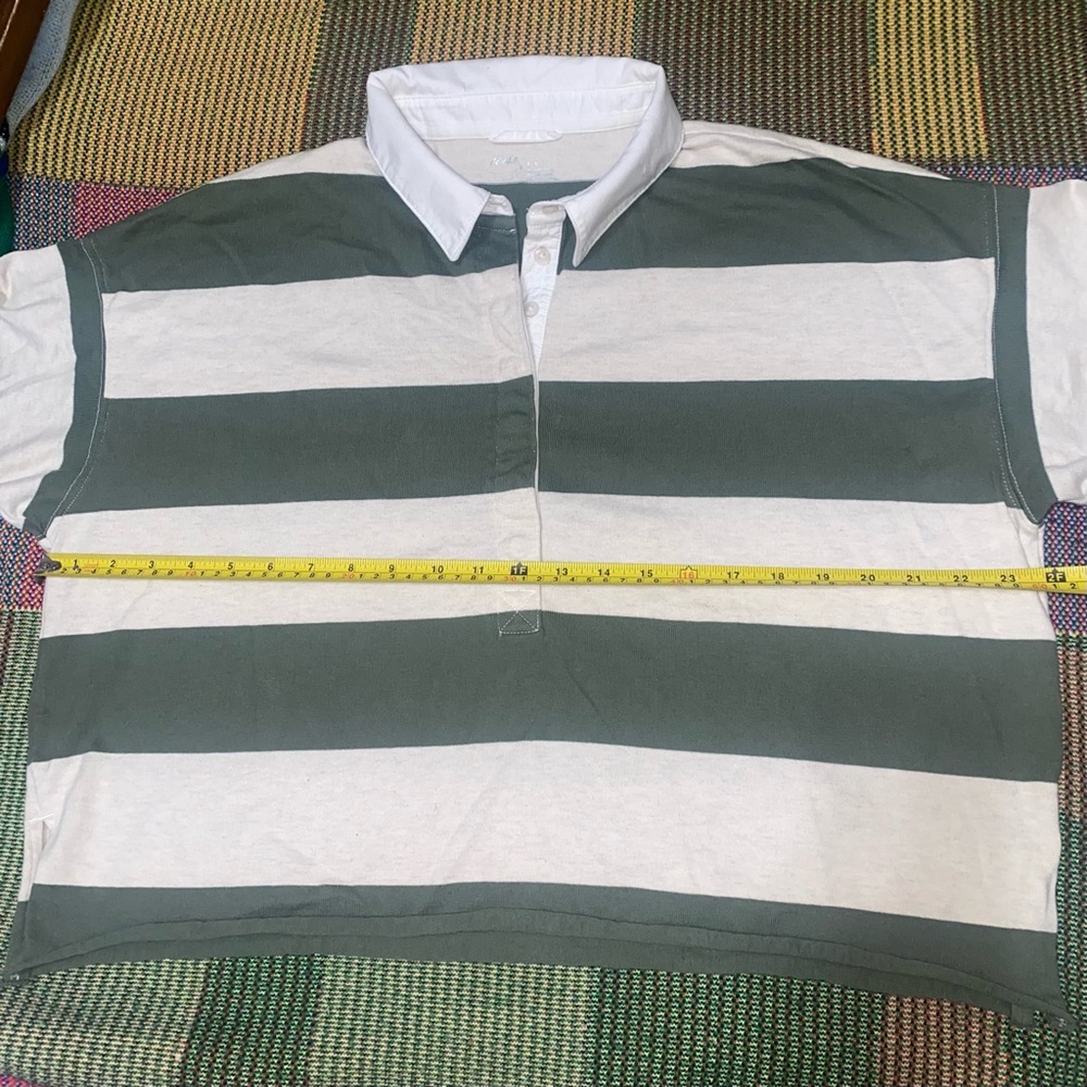 AERIE Striped Olive Green and White Collared Long Sleeve Cropped Rugby Polo - Picture 7 of 8